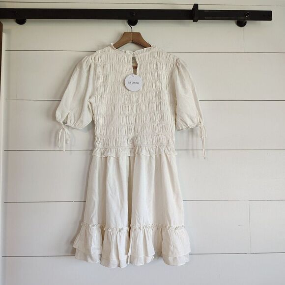 STORIA Dress Womens Solid Ivory Cream Smocked Ruffle Cottagecore Boho Size Small - Picture 4 of 9